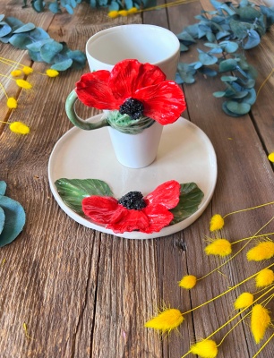 Latte Coffee Mug Set with Poppy Flowers