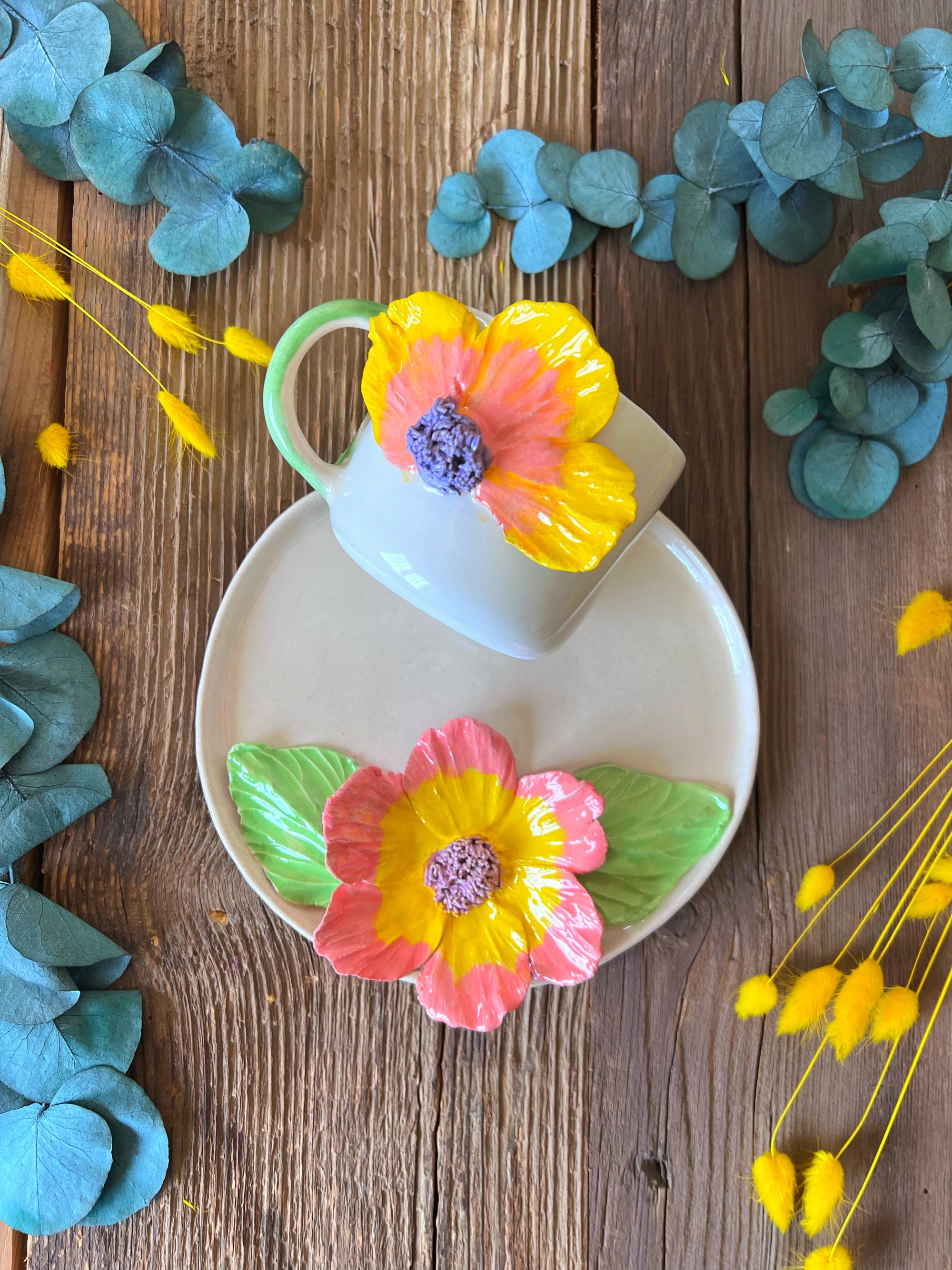 Büyük Pembe Sarı Çiçekli Mug Kahve Set