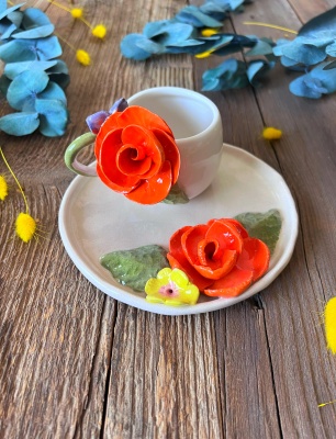 Turkish Coffee Cup Set with Orange Rose