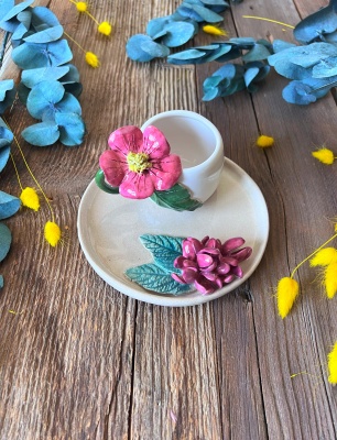 Turkish Coffee Cup Set with Pink Flowers