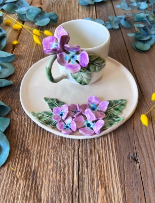 Coffee Mug Set with Purple Flowers