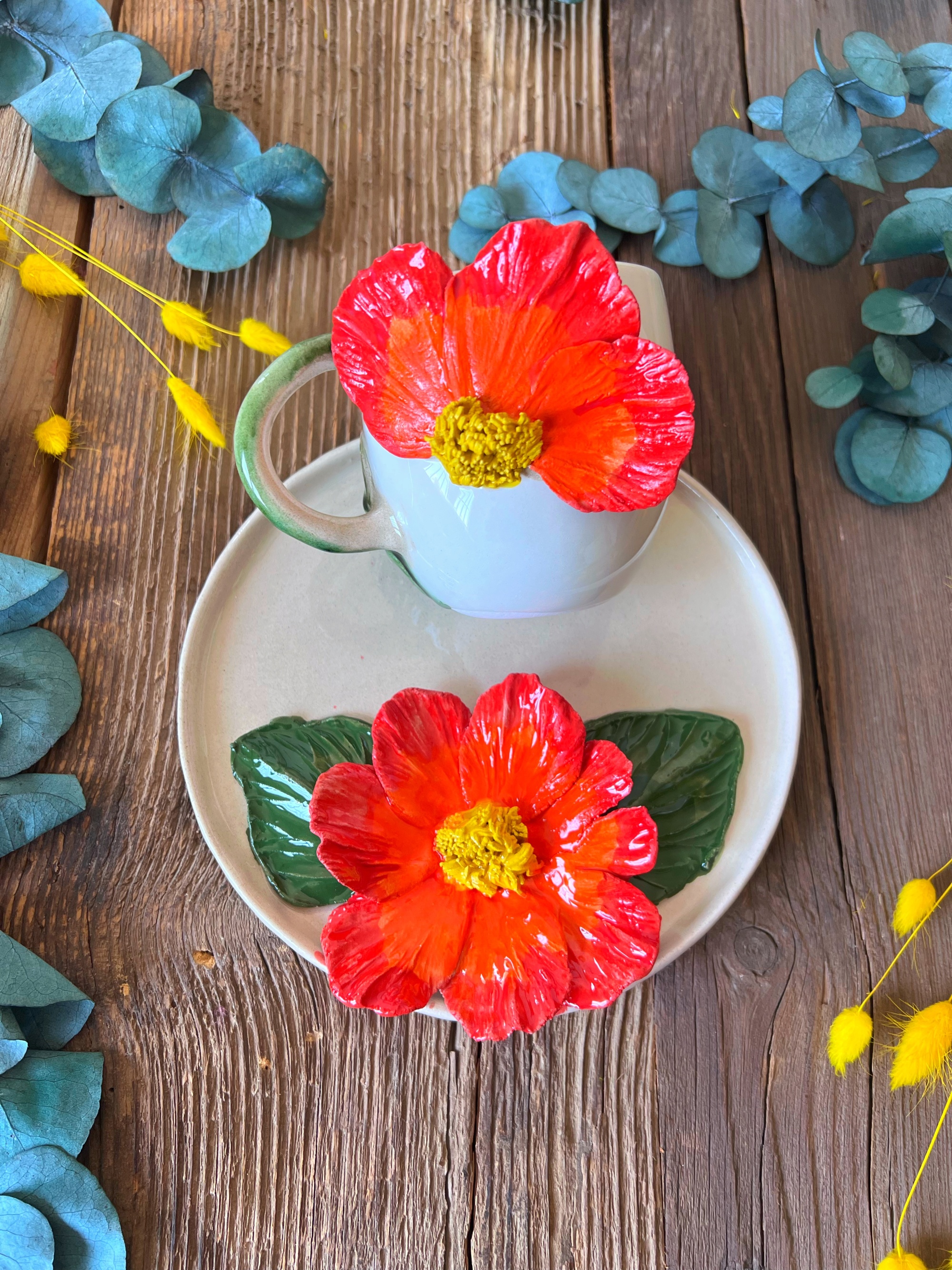 Büyük Kırmızı Çiçekli Kahve Mug Set