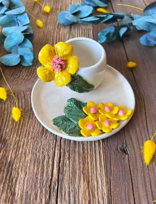 Turkish Coffee Cup Set with Yellow Flowers