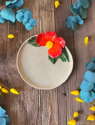 Mug Plate with Big Red Flower