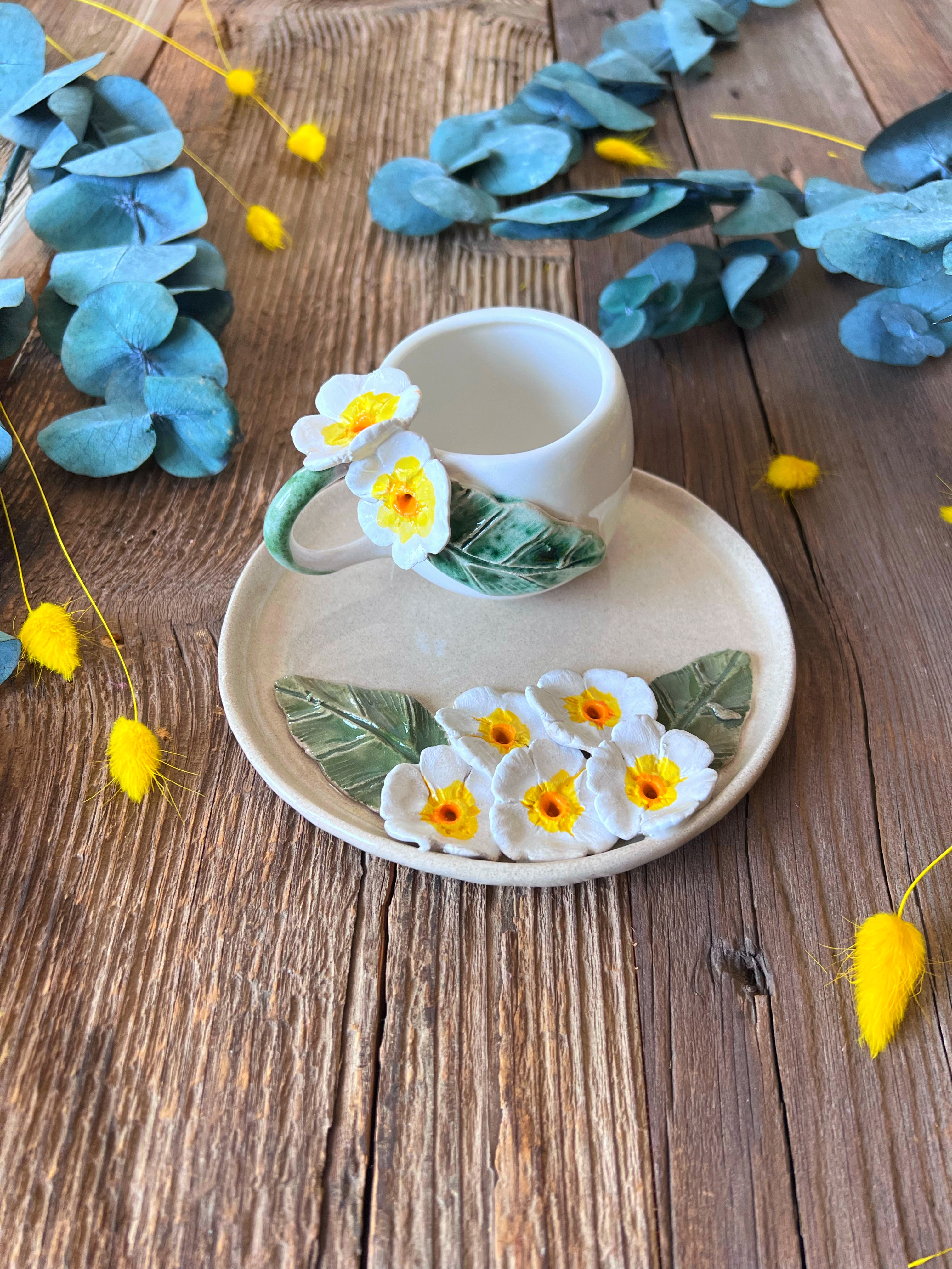 Turkish Coffee Cup Set with Daisy Flowers