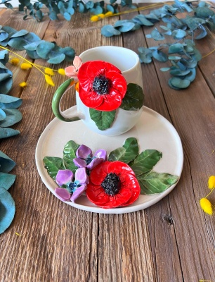 Coffee Mug Set with Poppy Flower