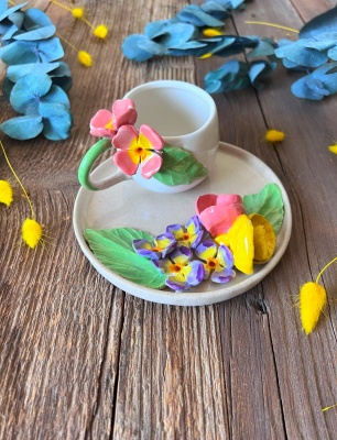 Turkish Coffee Cup Set with Pink Flowers