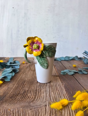 Latte Coffee Mug with Yellow Flowers