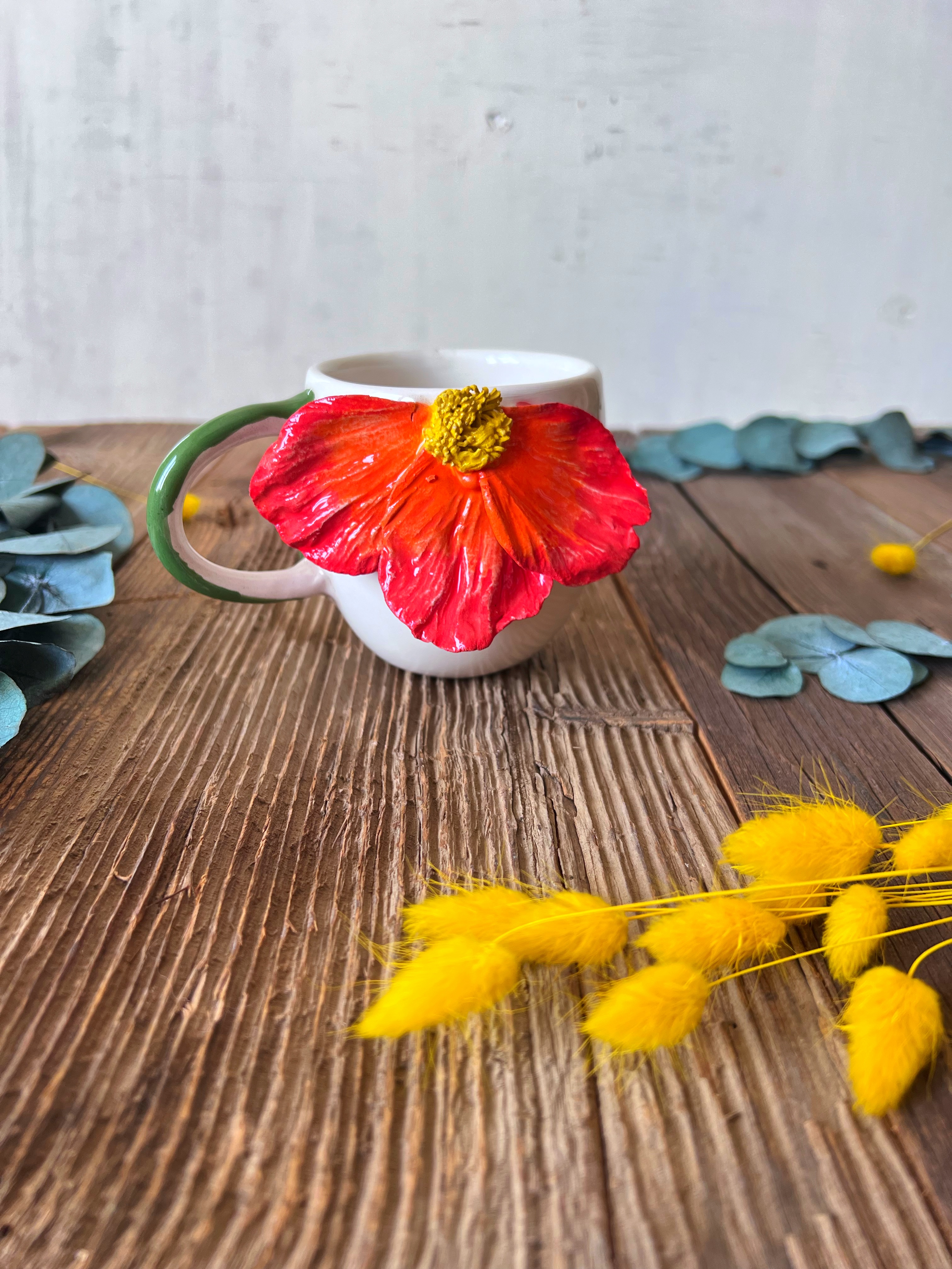 Coffee Mug with Big Red Flower