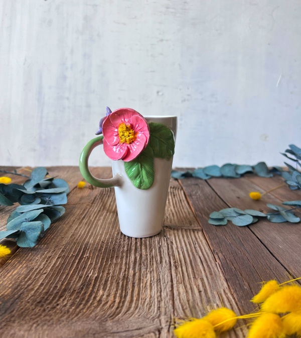 Pembe Çiçekli Latte Kahve Mug