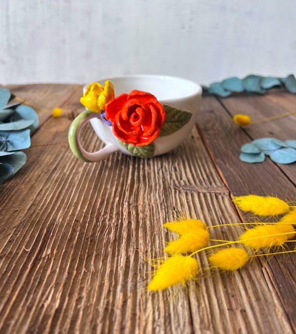 Turuncu Çiçekli Cappuccino Kahve Mug
