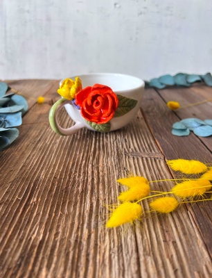 Turuncu Çiçekli Cappuccino Kahve Mug