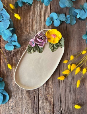 Big Oval Breakfast Plate with Purple Flowers