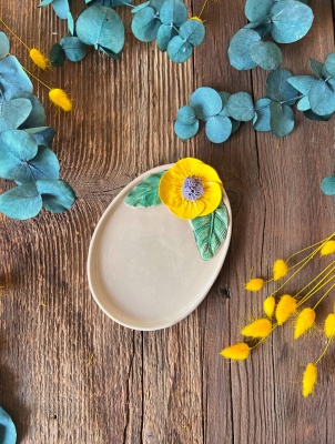 Sarı Çiçekli Oval Kahvaltı Tabak