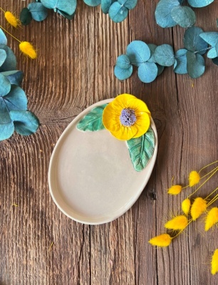 Small Oval Breakfast Plate with Yellow Flower
