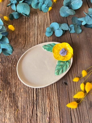 Sarı Çiçekli Oval Kahvaltı Tabak