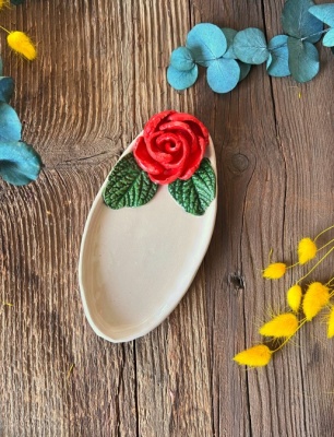Small Oval Breakfast Plate with Red Rose