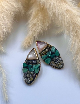 Silver Earrings with Emerald, Quartz and Raw Diamonds