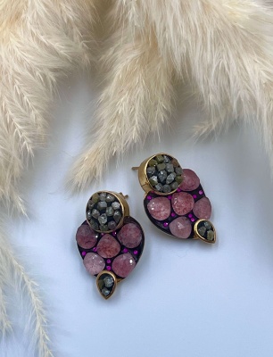 Silver Earrings with Strawberry Quartz and Raw Diamonds