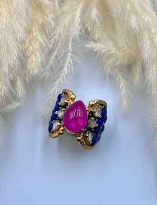Lapis Lazuli, Yakut ve Elmas Taşlı Gümüş Yüzük