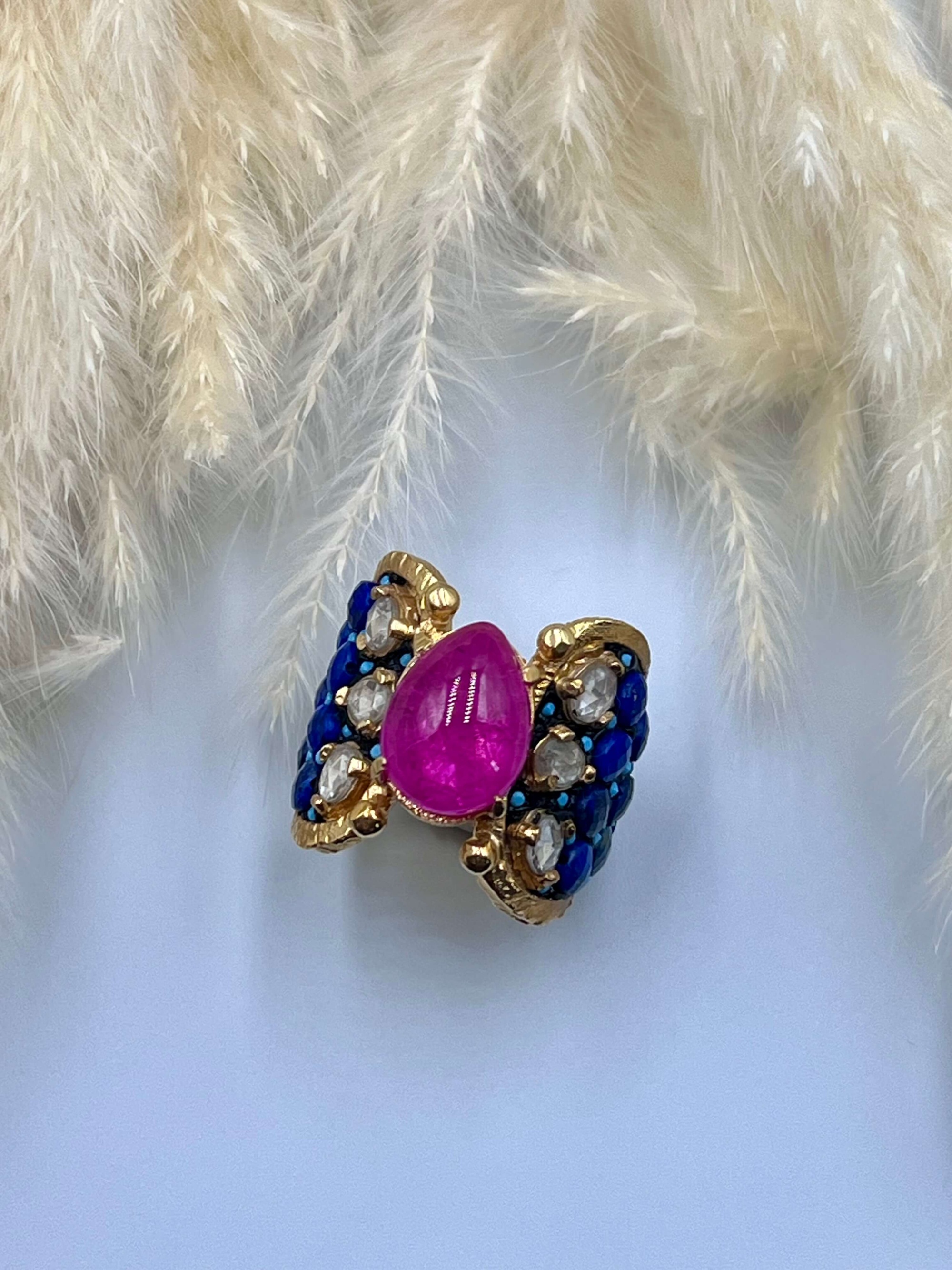 Lapis Lazuli, Yakut ve Elmas Taşlı Gümüş Yüzük