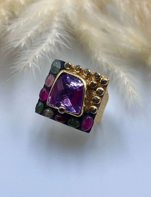 Silver Ring with Tourmaline, Amethyst, and Raw Diamonds