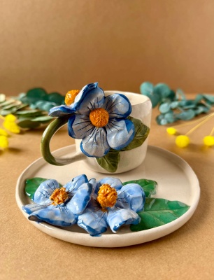 Mavi Çiçekli Kahve Mug Set