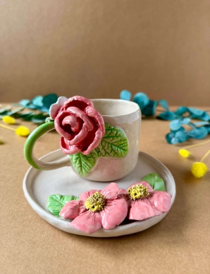 Handmade Design Pink Flower Ceramic Mug Set