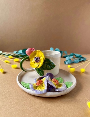 Sarı ve Mor Çiçekli Kahve Mug Seti