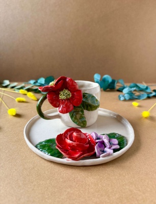 Büyük Kırmızı Çiçekli Kahve Mug Set