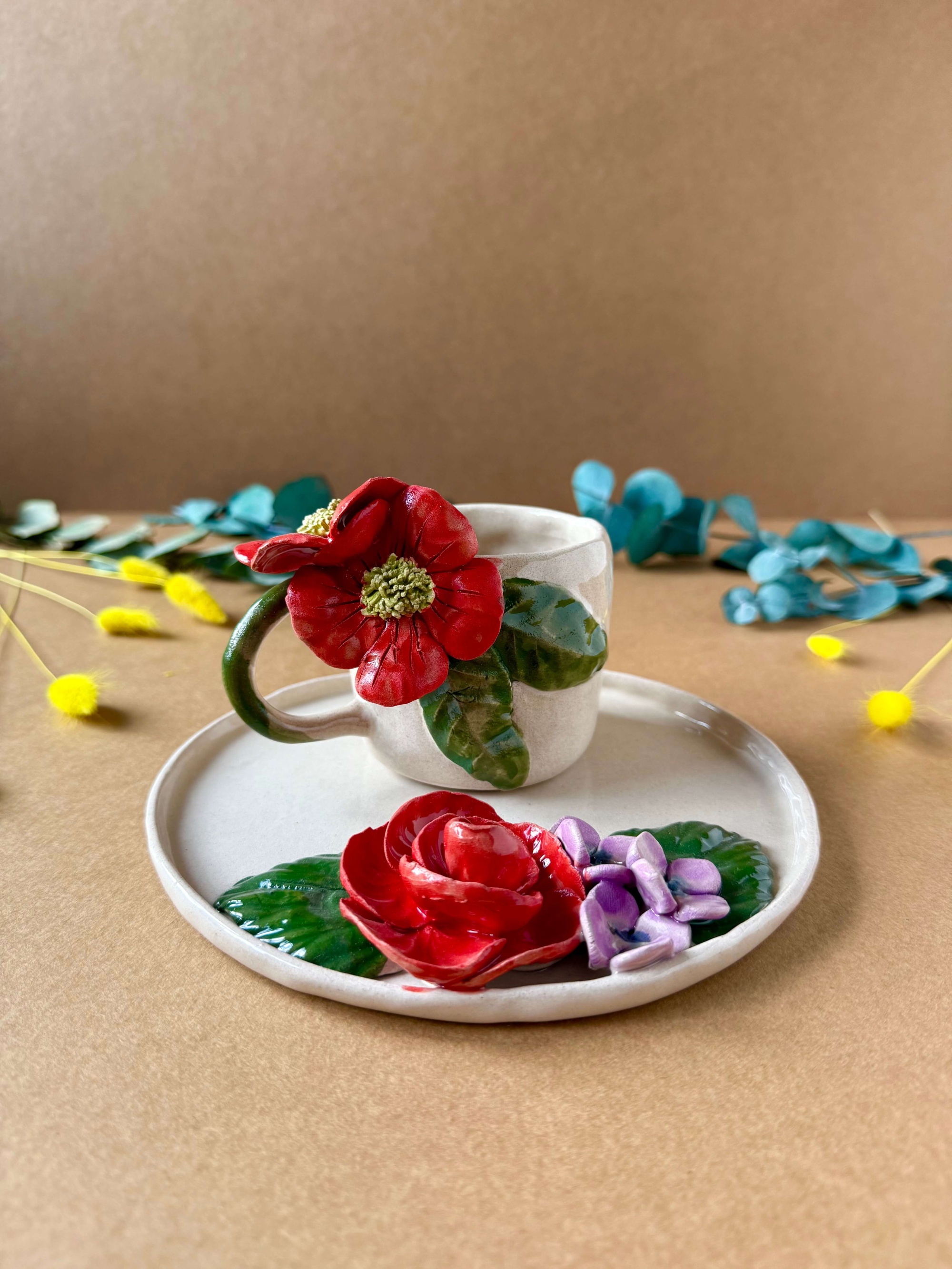 Büyük Kırmızı Çiçekli Kahve Mug Set