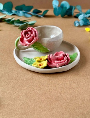 Turkish Coffee Cup Set with Pink Flower