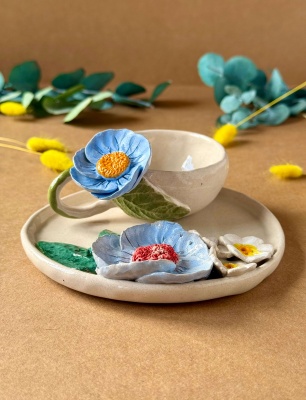 Turkish Coffee Cup with Blue Flower
