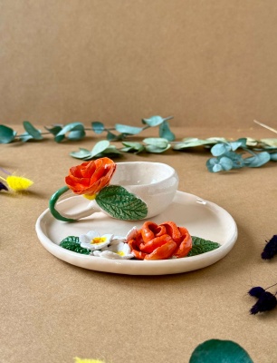 Turkish Coffee Set with Orange Roses