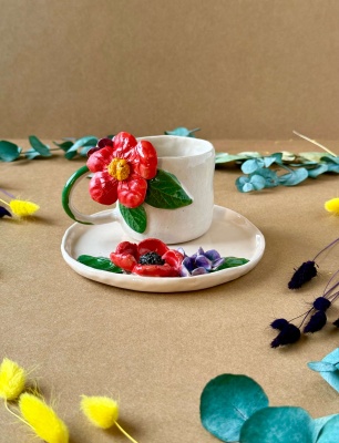 Kırmızı Çiçekli Kahve Mug Set