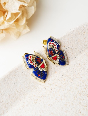 Mine İşlemeli Kelebek Gümüş Küpe