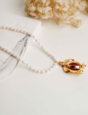 Brass Necklace Pomagrante with Pearl