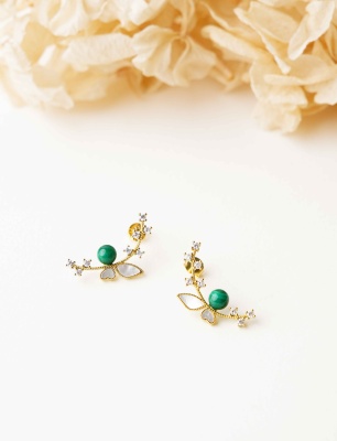 Silver Earrings with Malachite and Butterfly