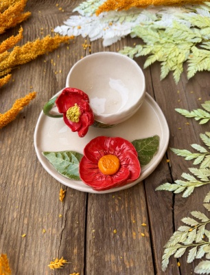 Turkish Coffee Cup Set with Red Flowers