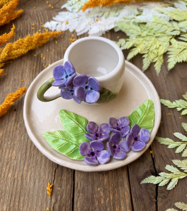 Turkish Coffee Cup Set with Hydrangea flower