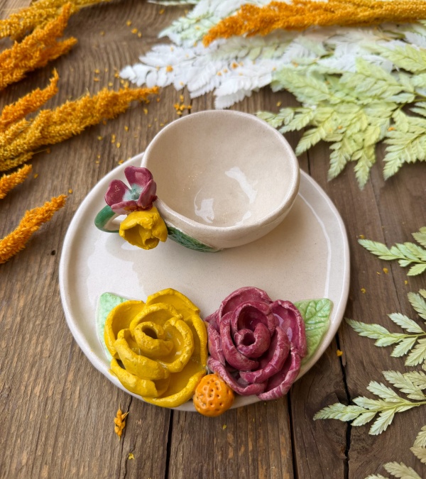 Turkish Coffee Cup Set with Yellow Flower