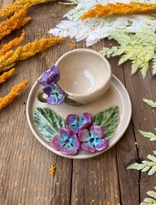 Turkish Coffee Cup Set with Purple Flower
