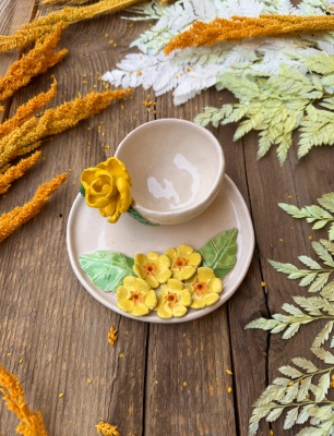 Turkish Coffee Cup Set with Yellow Flowers