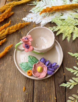 Turkish Coffee Cup Set with Pink Flowers