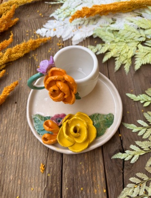 Turkish Coffee Cup Set with Orange Rose