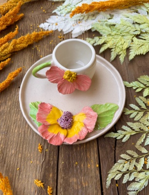 Turkish Coffee Cup Set with Big Pink Flower