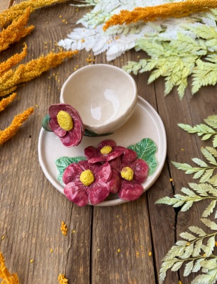 Turkish Coffee Cup Set with Pink Flowers