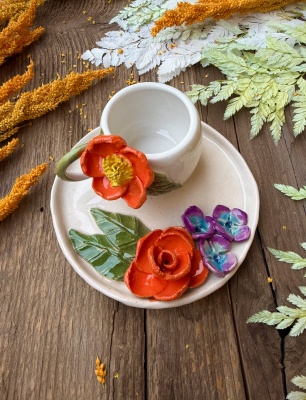 Turkish Coffee Cup Set with Orange Flowers