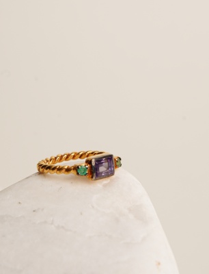 Silver Ring with Amethyst and Emerald Stones