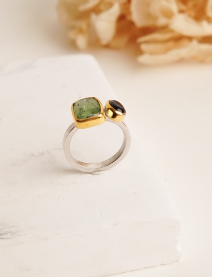 Silver Ring with Green Kyanite and Ruby